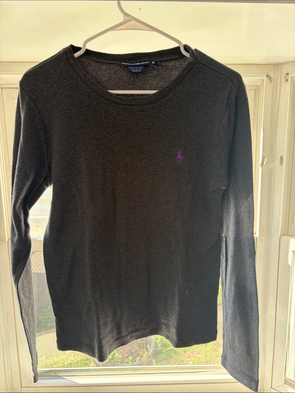 Ralph Lauren 100% Cotton Long-Sleeve Crewneck Tee in Dark Gray with Purple Pony